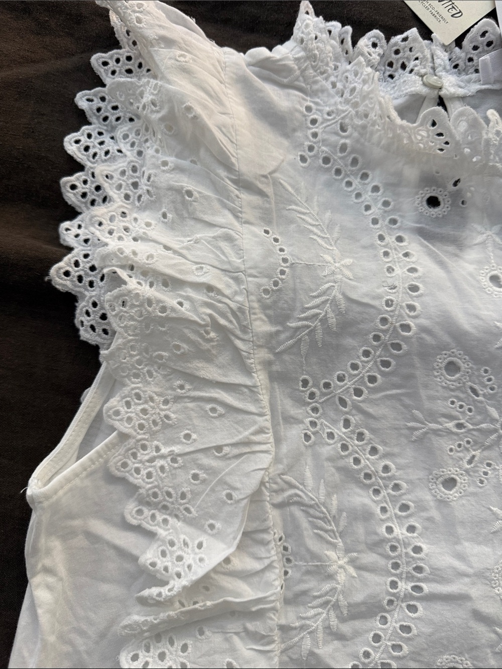 Mango White Eyelet Ruffle Sleeveless Top with Knit Body - Picture 3 of 5